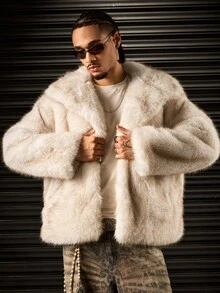 ROMWE MEN Apricot Color Oversized Lapel Long Fur Coat - Apricot - View 4