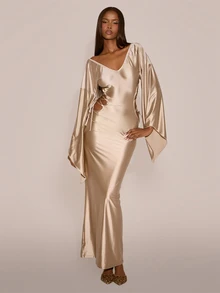MUSERA Off The Shoulder Fitted Waist Cutout Detail Maxi Length Dress Sexy Evening Night Going Out Fall Winter Autumn Solitude - Khaki - View 4