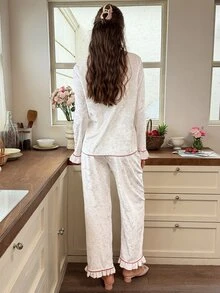 Snug Reverie Women's Autumn/Winter Gold Diamond Velvet Butterfly Embossed Lapel Open Front Long Sleeve Pants Pajama Set - White - View 2