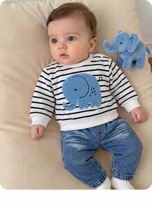 SHEIN Newborn Baby Cartoon Pattern Striped Sweatshirt And Denim Jeans Set - Blue - View 3