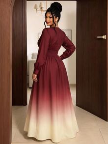 Maweii Gaun Plus Ombre Leher Surplice Lengan Lentera Musim Gugur - Merah - View 2