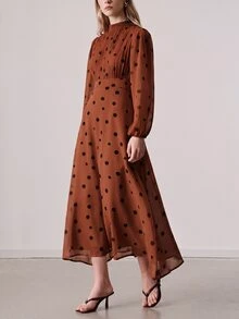 Aveloria Modichic Women's Dress Stand Collar Waisted A-Line Textured Chiffon Pleated Front Lantern Sleeve French Rust Brown Long Midi Thanksgiving Brunch Fall - Rust Brown - View 3