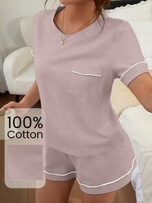 Napfluff Women's Knit Round Neck Short Sleeve Trim Shorts Pajama Set - Pink - View 6