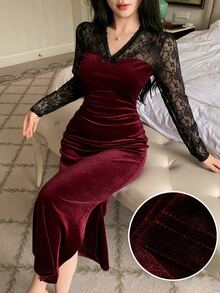 Dazy Tall Women's Long Elegant Lace Patchwork Dress - Burgundy - View 5