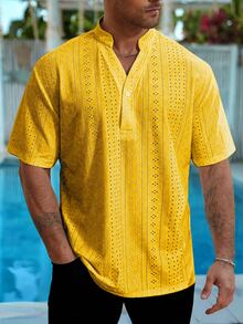 VENTUSAIL Men's Plus Size Solid Color Casual Versatile Short Sleeve Shirt For Daily Wear - Yellow - View 1