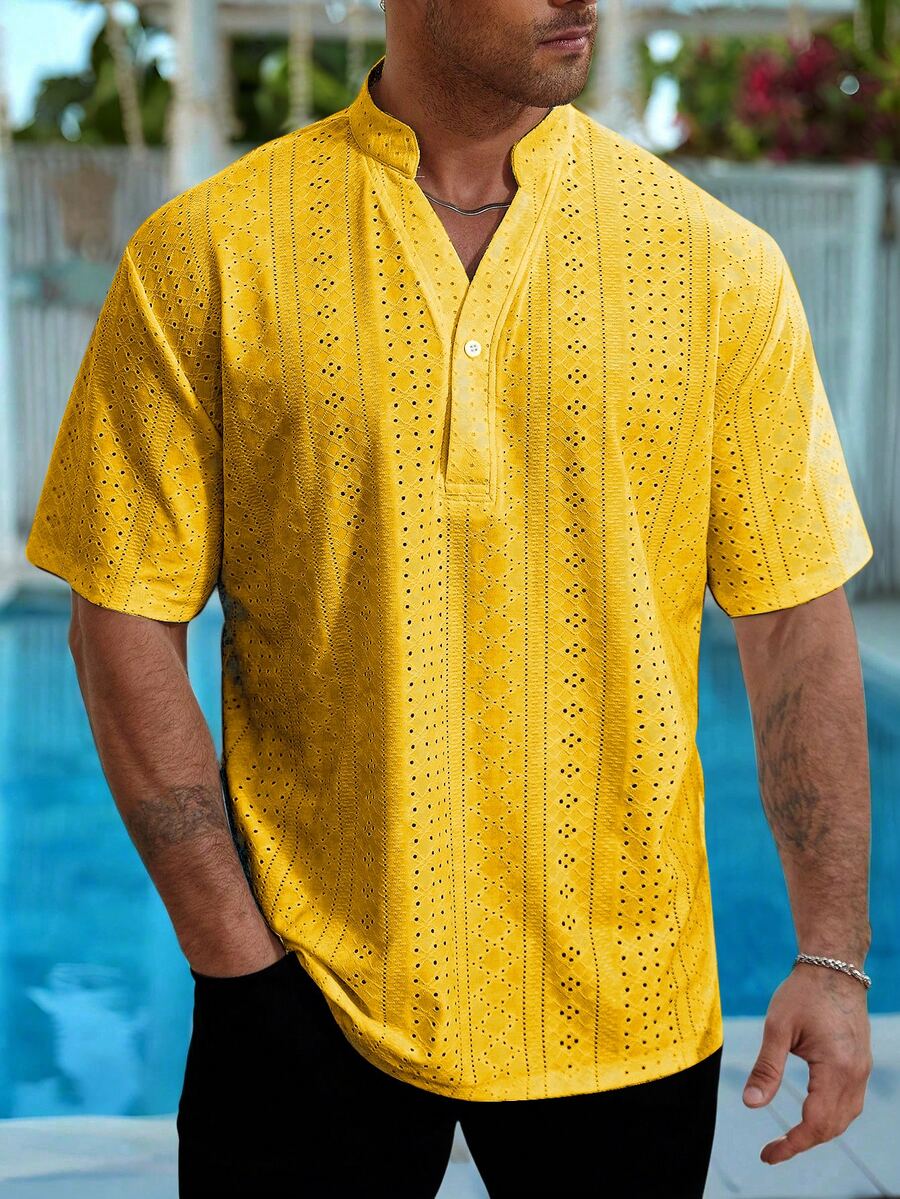 VENTUSAIL Men's Plus Size Solid Color Casual Versatile Short Sleeve Shirt For Daily Wear - Yellow - View 1