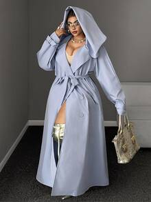 Maweii Plus Size Double-Breasted Hooded Trench Coat With Soft Elegant Style Fall - Blue - View 1