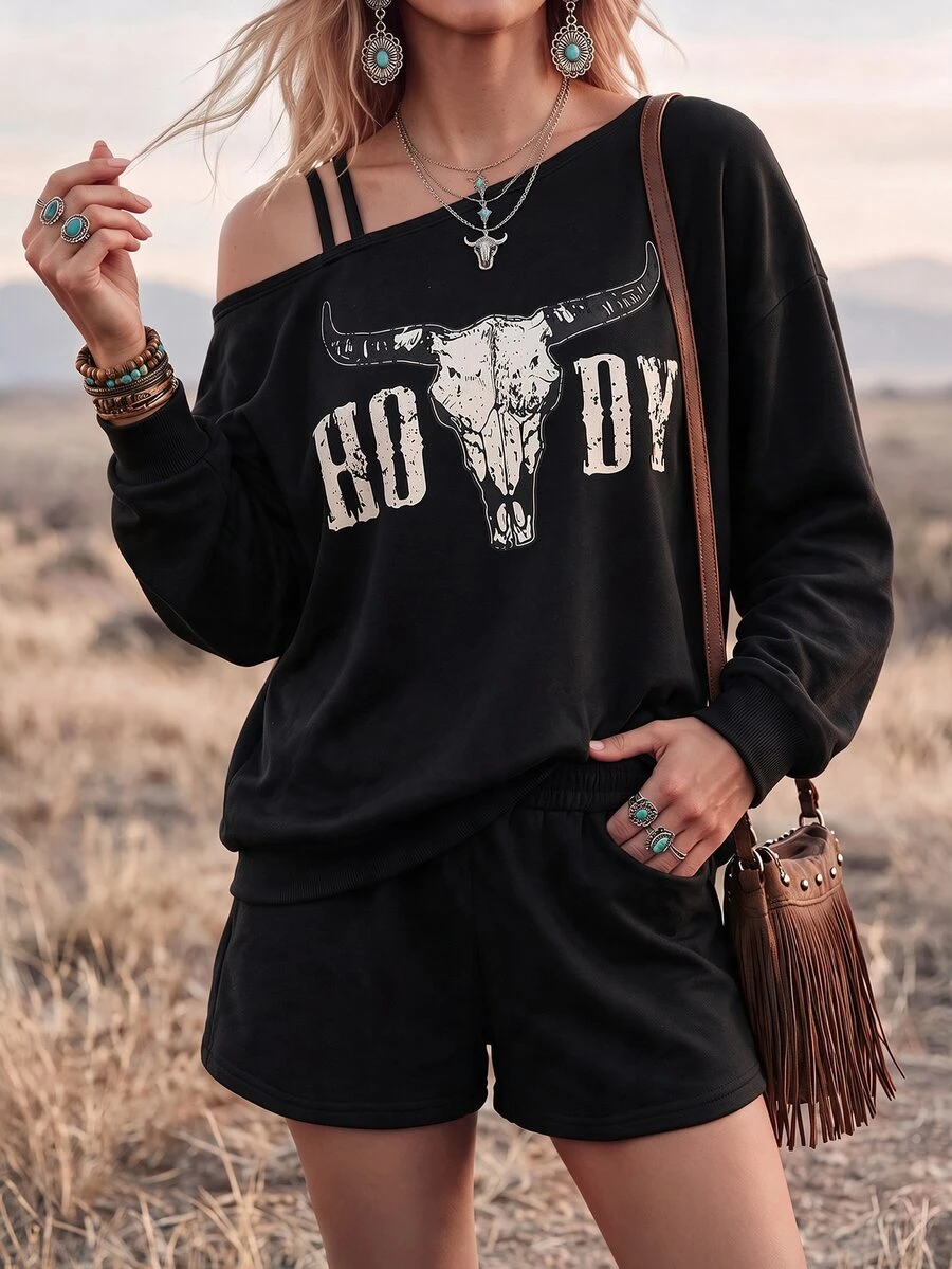 Wildy BOHO Casual Western Country Nomadic Women 2 Pieces Set Pattern Long Sleeve Autumn/Winter Daily Basic Outfit For Going Out - Black - View 1