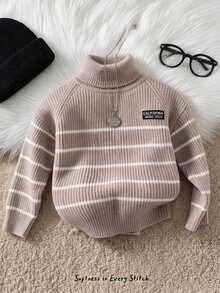 Cozy Pixies 男嬰秋冬條紋高領毛衣，舒適時尚休閒百搭日常極簡風，適合室內、戶外、日常、運動、玩耍、派對、拍照、度假、節日 - 卡其色 - 查看 3