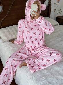 CottageSlumber Women's Pink Bow Hooded Pullover Pajama Set, Soft Plush Loungewear 2 Pieces Set - Pink - View 7