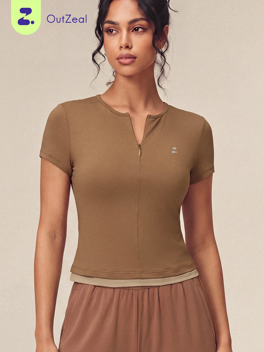 OutZeal Women Sports Tee Gym Workout Casual Soft Slim-Fit Front Half Zip Short Sleeve T-Shirt Summer - Brown - View 1
