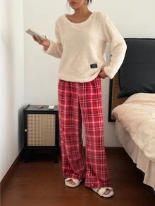 Napfluff Set Piyama Wanita Flanel Modis Minimalis Motif Kotak-kotak 2 Potong - MultiWarna - View 3