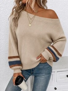 SHEIN Clasi 不對稱肩部泡泡袖優雅毛衣，適合秋冬穿著 - 彩色 - 查看 3