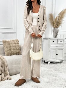 SHEIN Clasi Set Atasan Model Terbuka Depan dengan Pinggang Ramping dan Celana Panjang Lebar, Lembut dan Nyaman - Aprikot - View 4
