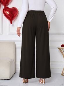 SHEIN Tall CURVE Plus Size Women Solid Color High Waist Wide Leg Loose Casual Long Pants - Brown - View 5