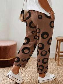 Breezaya Celana Panjang Wanita Ukuran Besar Motif Bulat dengan Pinggang Ramping, Musim Gugur/Dingin - Rust Brown - View 2