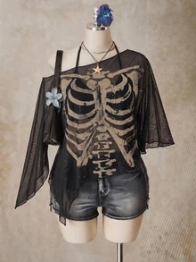 SHEIN ICON 大尺碼女款不對稱領口短袖蝙蝠袖網紗印花上衣 - 彩色 - 查看 3