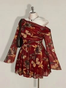 SHEIN ICON 大尺碼 Y2K 單肩長袖楓葉印花網紗洋裝，復古休閒貼身洋裝，適合春季 - 酒紅色 - 查看 5
