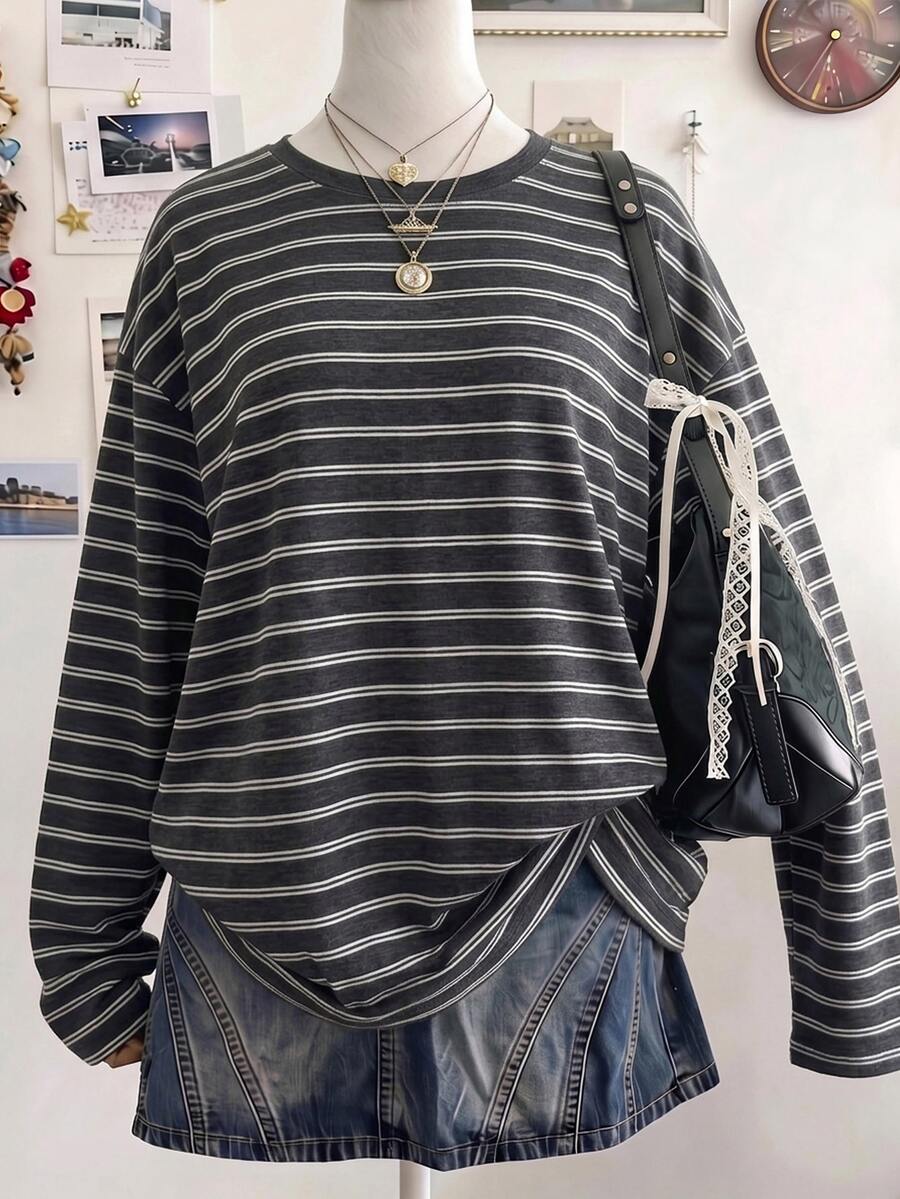 SHEIN EZwear 95%棉休閒極簡圖案對比色圓領長袖T恤,條紋T恤,秋季服飾,適合日常通勤、聚會、夏季、聖誕節、新年、感恩節、派對、婚禮、海灘、出遊、約會、情人節,優雅,度假,Y2K - 彩色 - 查看 1