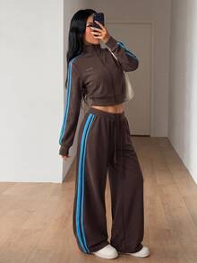 SHEIN ICON 女款時尚休閒寬鬆寬腿褲，側邊條紋裝飾 - 棕色 - 查看 2