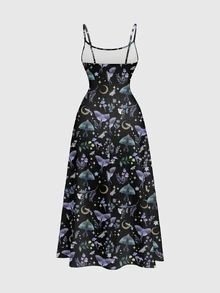 ROMWE Goth Dark Hippie Moth Moon Sun Star Women's A-Line Dress With Ruched Details - Black - View 2