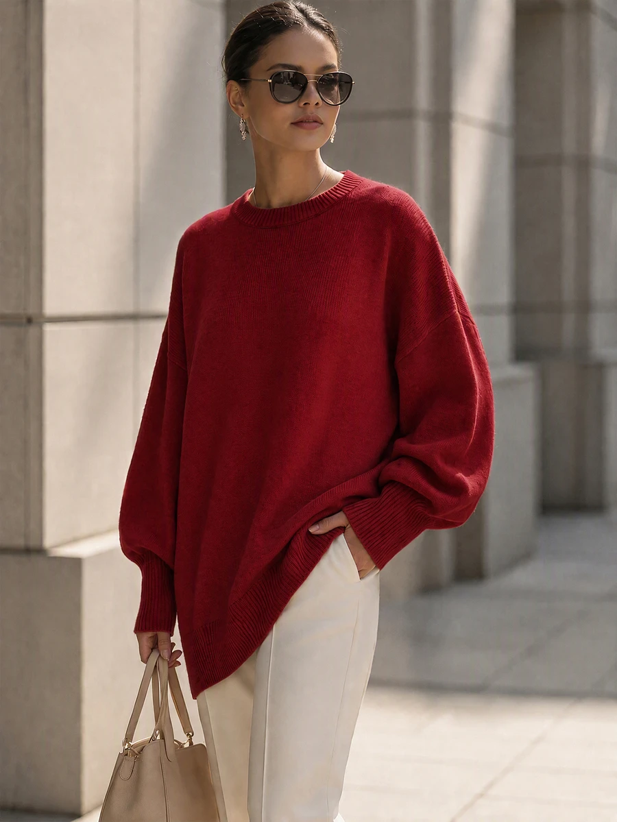 SHEIN Sweater Kasual Wanita Lengan Panjang Warna Polos, Kerah Bulat Longgar, Cocok untuk Beraktivitas di Luar Rumah - Merah - View 1
