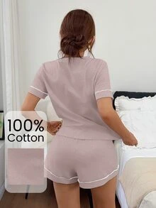 Napfluff Women's Knit Round Neck Short Sleeve Trim Shorts Pajama Set - Pink - View 2