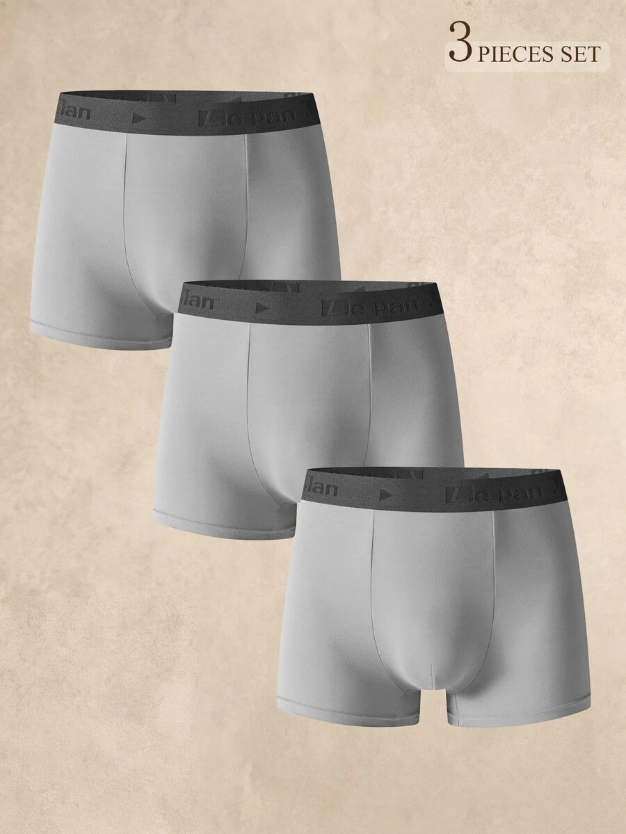 SHEIN 男士純色極簡字母對比飾邊四角內褲 (3件組) - 淺灰色 - 查看 1
