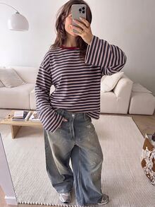 SHEIN EZwear 女款休閒圓領寬鬆長袖T恤，條紋T恤，秋季女裝，適合日常通勤、聚會、夏季、聖誕節、新年、感恩節、派對、婚禮、海灘、出遊、約會、情人節，優雅度假Y2K風 - 彩色 - 查看 6