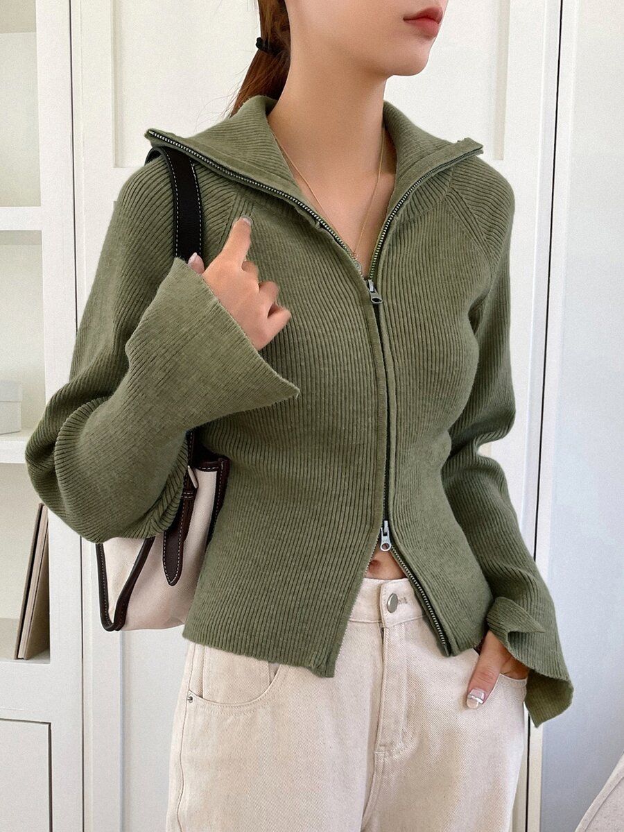 DAZY 素色拉鍊領商務休閒女款開襟衫 - 軍綠色 - 查看 1