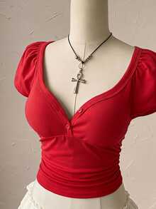 Attitoon Women's Solid Color Pleated Short Sleeve Button Waist Cinched Casual T-Shirt - Red - View 4