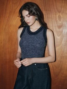Anewsta Women's Premium Textured Contrast Trim Knit Sleeveless Tank Top, Versatile Slim Fit Base Layer - Navy Blue - View 1