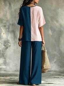 SHEIN LUNE CURVE Women's Plus Size New Vacation Casual Style, Colorblock Floral Set + Batwing Sleeve Geometric Print Top + Solid Color Wide Leg Pants, 2 Pieces Comfortable Casual Outfit, Set Series - Multicolor - View 2