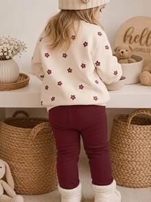 Baby Girls Versatile Cute Sweet Mini Cartoon Floral Pattern Crew Neck Sweatshirt & Brushed Leggings Set, Autumn/Winter Daily, Holiday, Christmas Outfit - Multicolor - View 6