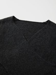 SHEIN Fashion Cross‑Wrap V‑Neck Long‑Sleeve Knit Top In Solid Shade. Cropped Silhouette With Ribbed Textur - Grey - View 7