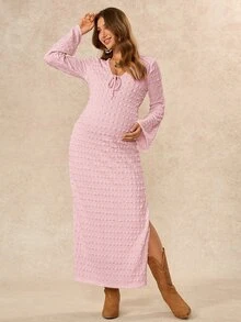 Boho Mama Maternity Solid Color Front Tie V-Neck Bell Sleeve Casual Dress Fall - Baby Pink - View 6