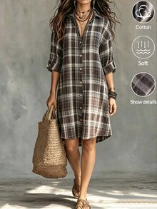 Linhara 女款大尺碼復古杏色與咖啡色格紋刷毛長版襯衫洋裝，領口鈕扣前開襟，落肩設計，可捲袖，寬鬆版型，休閒秋冬日常穿著 - 彩色 - 查看 3