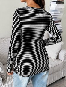 SHEIN Maternity Nursing Striped Colorblock Long Sleeve Minimalist Top - Black - View 6