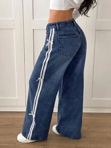 SHEIN PETITE 女款休閒日常牛仔褲，附口袋、鈕扣與蝴蝶結裝飾 - 深色水洗藍 - 查看 2