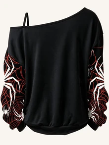 EMERY ROSE Plus Size Women's Asymmetrical Shoulder Spider Print T-Shirt, Autumn/Winter Halloween - Multicolor - View 2