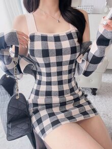 FRIFUL Women's Plaid Pattern Camisole Dress & Long Sleeve Cardigan Fashion Casual Sweater 2 Pieces Set - Black - View 3