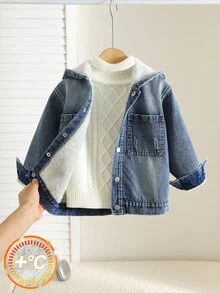 SHEIN Young Boy Autumn/Winter New Casual Minimalist Fashion Washed Denim Woven Solid Color Hooded Jacket - Blue - View 1