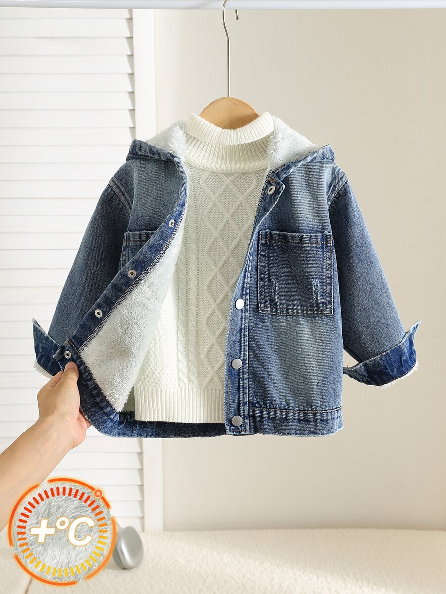 SHEIN Young Boy Autumn/Winter New Casual Minimalist Fashion Washed Denim Woven Solid Color Hooded Jacket - Blue - View 1