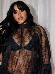 Rustia Plus Size Casual Shirt Comfortable Loose Fit Mock Neck Lace Blouse Sexy Early Autumn - Black - View 6