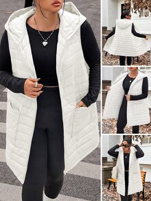SHEIN EZwear 大尺碼連帽無袖口袋純色加厚外套 - 白色 - 查看 1