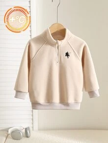 SHEIN Young Boy Casual Comfortable Thick Fleece Pony Pattern Stand Collar Sweatshirt, Autumn/Winter - Apricot - View 3