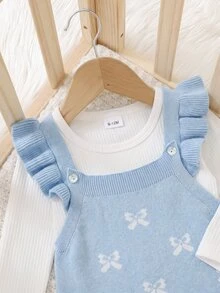 SHEIN Newborn Baby Girl Crawler Romper, Knitted One-Piece, Short Sleeves, Leopard Print, Fashionable Jumpsuit, Soft And Comfortable, Suitable For Autumn/Winter, Outing - Blue - View 3