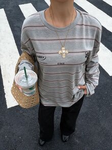 Muchica Women's Knit Striped Loose Long Sleeve T-Shirt - Light Grey - View 2