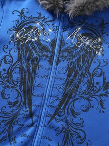ROMWE MEN Men's Dark Rhinestone Gothic Letter Wing Print Loose Sweatshirt Fleece Hooded Sweatshirt - Blue - View 5