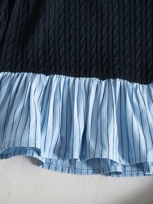 SHEIN 女童韓系簡約蝴蝶結刺繡灰色針織提花布拼接藍色條紋長袖T恤上衣秋季 - 藏蓝色 - 查看 5
